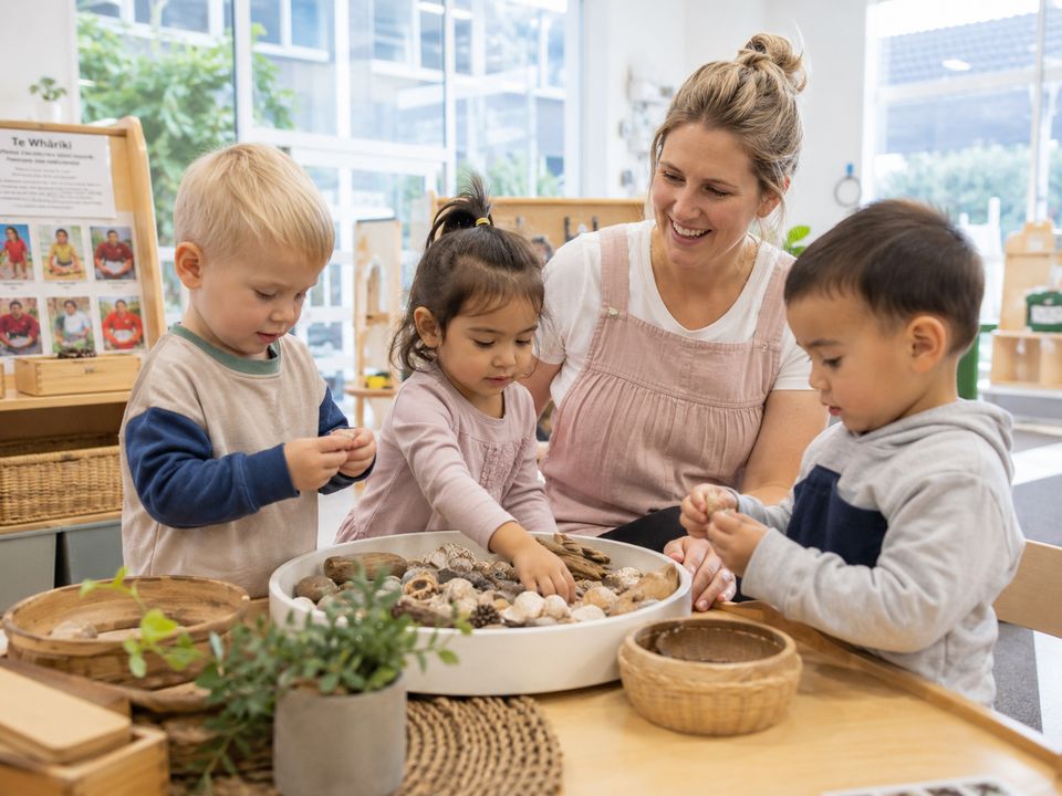 Children exploring sensory and discovery materials with a teacher